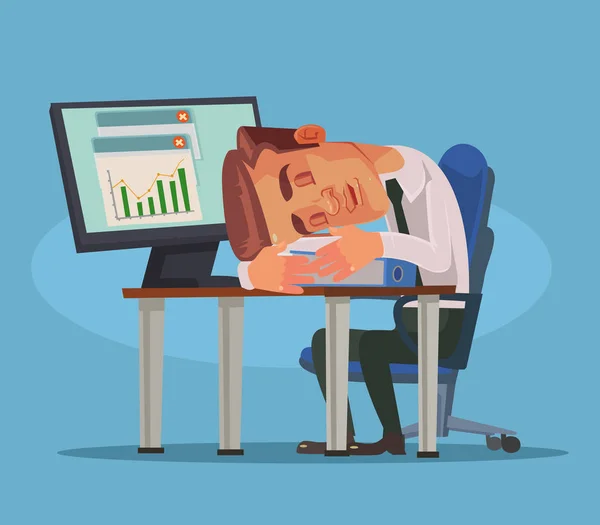 Pekerja kantor pria karakter tidur di tempat kerja. Ilustrasi kartun datar vektor - Stok Vektor