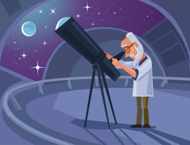Astronomer scientist character looking through telescope. Vector flat cartoon illustration clipart