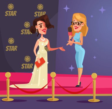 Ünlü ve gazeteci kadın karakterler. Vektör düz çizgi film illüstrasyon