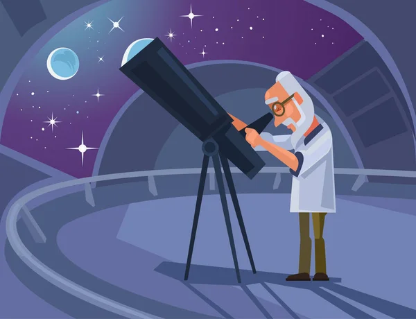 Personagem de cientista astrónomo a olhar através do telescópio. Ilustração de desenho animado plano vetorial — Vetor de Stock