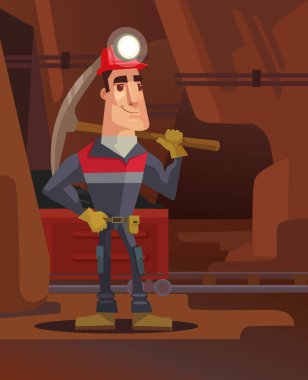 Miner character in coal mine. Vector flat cartoon illustration
