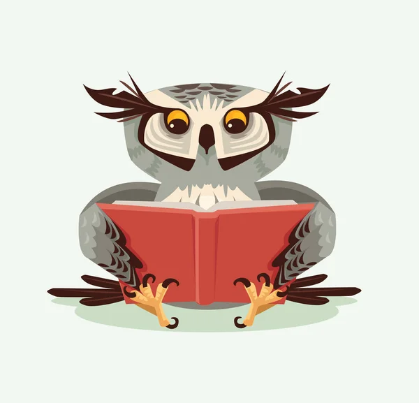 Profesor bijaksana burung hantu karakter membaca buku. Ilustrasi kartun datar vektor - Stok Vektor