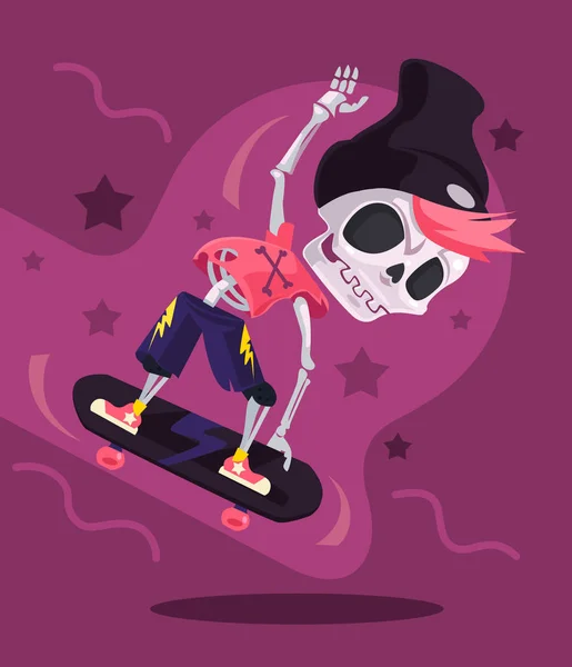 Skeleton Skeleton personaj de echitatie skateboard. Vector desene animate plate ilustrare — Vector de stoc