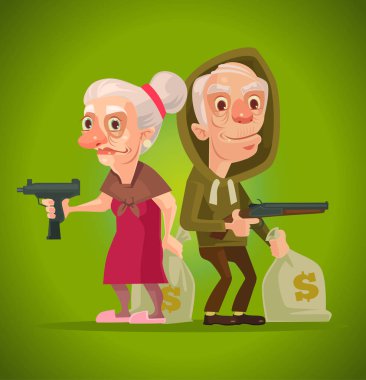 Bonnie ve Clyde. Büyükannem ve büyükbabam karakter hırsızlar. Vektör düz çizgi film illüstrasyon