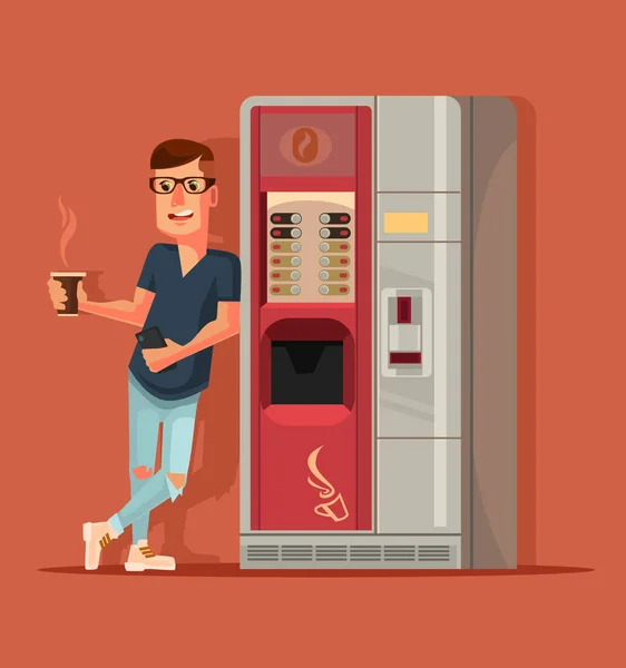 Mannen karaktär dricka kaffe bredvid kaffemaskinen. Flat tecknad vektorillustration — Stock vektor