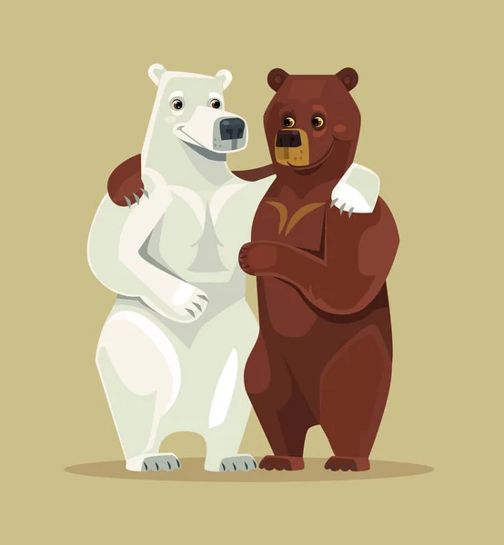 Branco e ursos pardos personagens abraço. Ilustração de desenho animado plano vetorial — Vetor de Stock