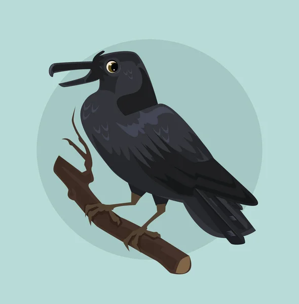 Un corbeau noir assis sur une branche. Illustration vectorielle de dessin animé plat — Image vectorielle