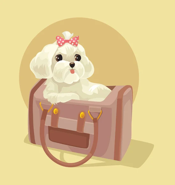 Personagem de cão pequeno sentado em saco de senhora. Ilustração de desenho animado plano vetorial — Vetor de Stock