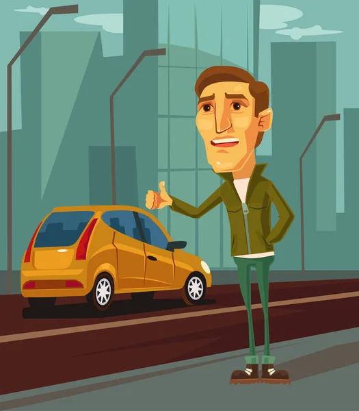 Мужской персонаж пытается поймать такси. Векторная плоская иллюстрация — стоковый вектор