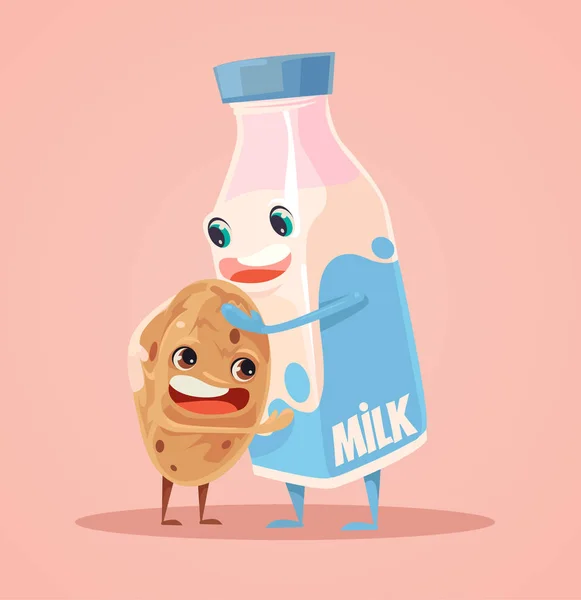 Melk en koekjes beste vrienden van de tekens. Vectorillustratie platte cartoon — Stockvector