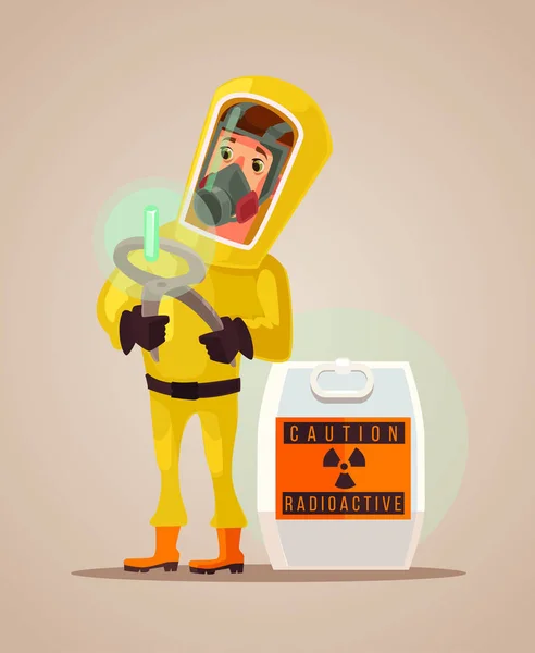 O homem de fato de protecção detém emissões radioactivas de lixo. Ilustração de desenho animado plano vetorial — Vetor de Stock