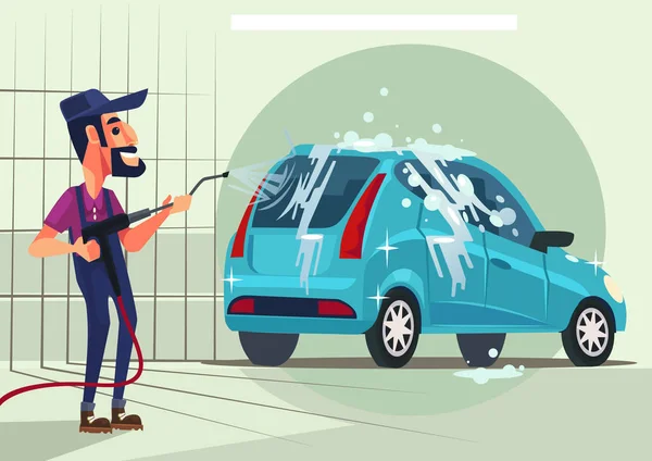 Worker character washing car. Vector flat cartoon illustration — Stock Vector