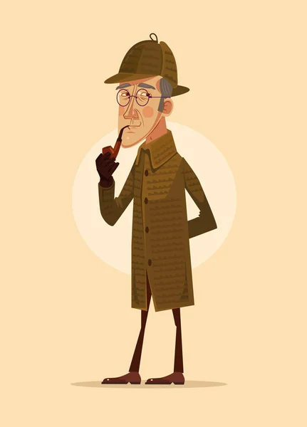 Detective hombre carácter fumar pipa. Vector plano ilustración de dibujos animados — Archivo Imágenes Vectoriales