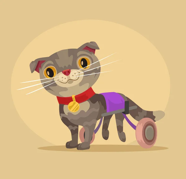 Personaje gato discapacitado en silla de ruedas. Vector plano ilustración de dibujos animados — Vector de stock