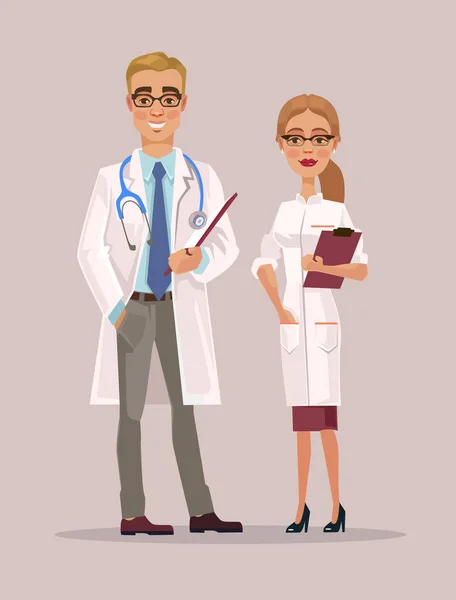 Karakter dokter pria dan wanita. Ilustrasi kartun datar vektor - Stok Vektor