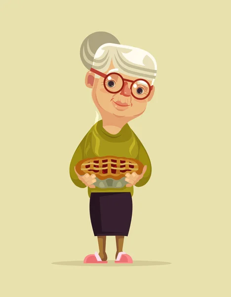 Vovó personagem segurar torta. Ilustração de desenho animado plano vetorial —  Vetores de Stock