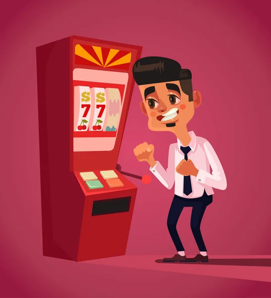 Man karakter spelen in slotmachine. Vectorillustratie platte cartoon — Stockvector