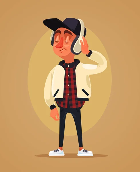 Rapaz feliz adolescente personagem ouvir música. Ilustração de desenho animado plano vetorial —  Vetores de Stock