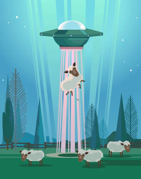 UFO stealing sheep karaktär. Flat tecknad vektorillustration — Stock vektor