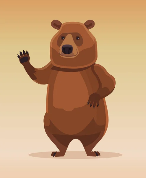 Personagem urso amigável tipo feliz recebe e acenando com a pata. Ilustração de desenho animado plano vetorial —  Vetores de Stock