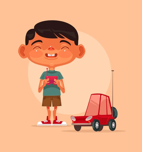 Kleine glücklich lächelnde Junge Charakter spielen mit ferngesteuerten Auto. Vektor flache Cartoon-Illustration — Stockvektor