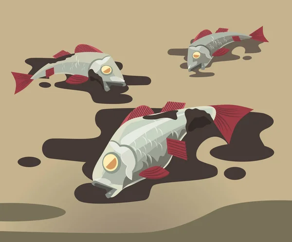 Pescado muerto cubierto de aceite. Contaminación del medio ambiente Vector plano ilustración de dibujos animados — Vector de stock