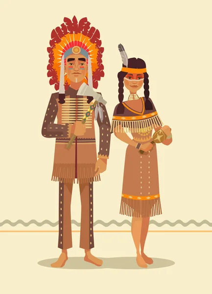 Εγγενής αμερικανική ινδική ζευγάρι. Άνδρας και γυναίκα χαρακτήρες. Επίπεδη καρτούν εικονογράφηση φορέα — Διανυσματικό Αρχείο