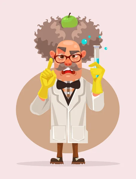 Personagem cientista louco segurando frasco. Ilustração de desenho animado plano vetorial — Vetor de Stock