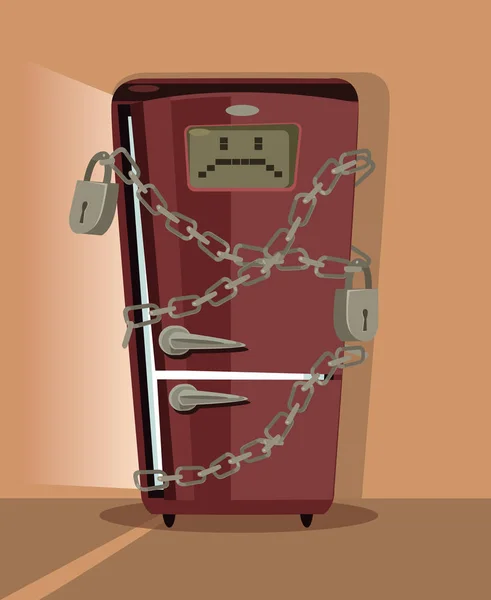 Carácter frigorífico triste bloqueado con cadena. Vector plano ilustración de dibujos animados — Vector de stock