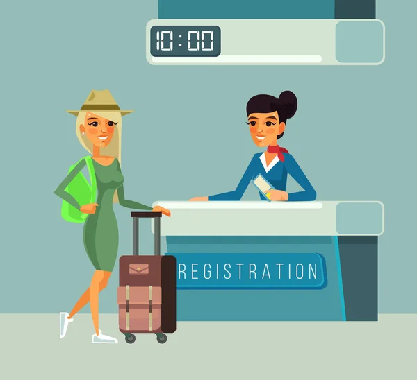 Персонаж туристки регистрируется на рейс. Векторная плоская иллюстрация — стоковый вектор