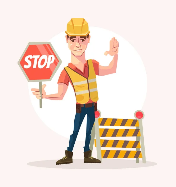 道路ワーカーの男性キャラクターは、一時停止の標識を保持します。ベクトル フラット漫画イラスト — ストックベクタ