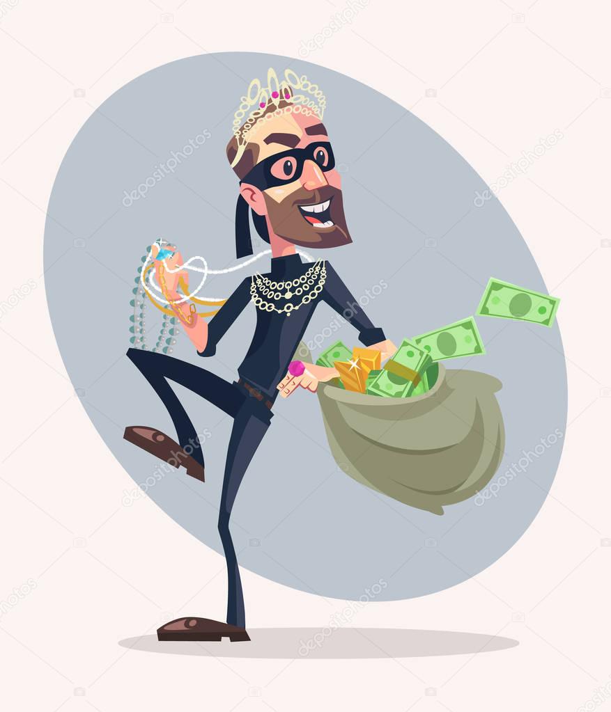 Robber man character stole money and jewelry. Vector flat cartoon illustration