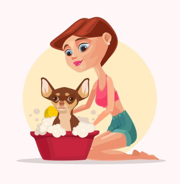 Mutlu gülümseyen köpek karakteri banyo kadın sahibi ile alır. Vektör düz çizgi film illüstrasyon