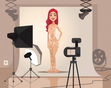 Gülümseyen kadın karakter modeli çekim. Vektör düz çizgi film illüstrasyon