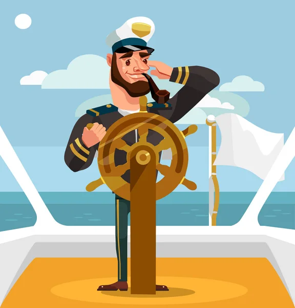 Lächelnde glückliche Kapitänsfigur am Steuer. Vektor flache Cartoon-Illustration — Stockvektor