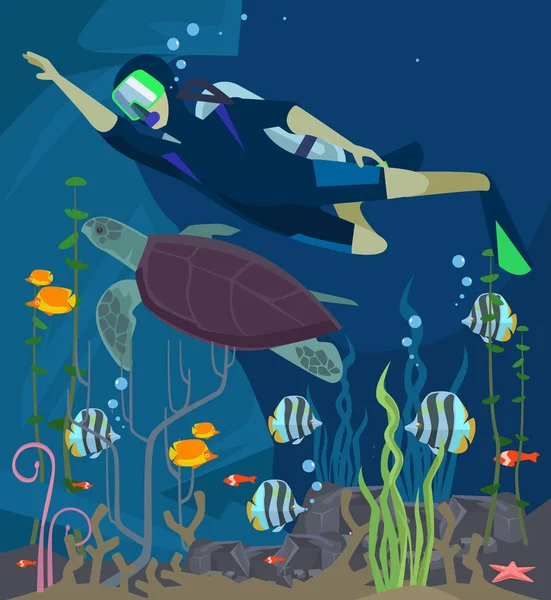水肺潜水。海上生活。矢量平面卡通插画 — 图库矢量图片