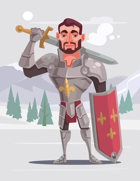 Knappe dappere lachende ridder karakter. Vectorillustratie platte cartoon — Stockvector