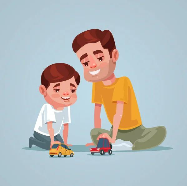 Pai e filho personagem jogar brinquedo. Ilustração de desenho animado plano vetorial — Vetor de Stock