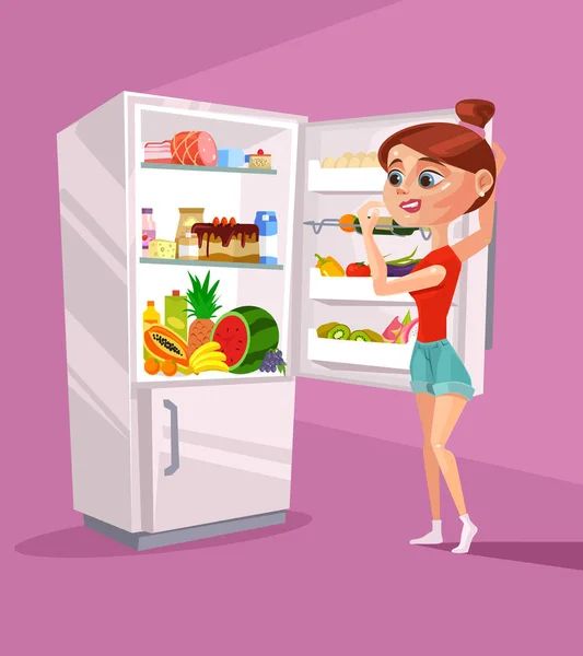 Personaje de mujer cerca del refrigerador pensando qué comer. Vector plano ilustración de dibujos animados — Vector de stock