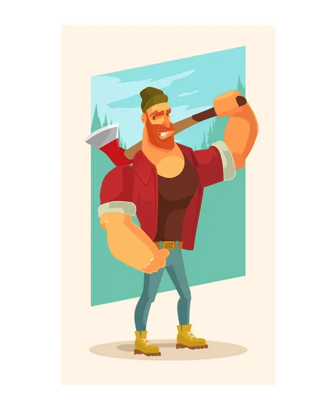 Lumberjack mascote homem personagem segurar machado. Ilustração de desenho animado plano vetorial —  Vetores de Stock