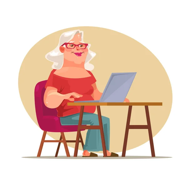 Anciana personaje mujer charlando en la red. Vector plano ilustración de dibujos animados — Archivo Imágenes Vectoriales