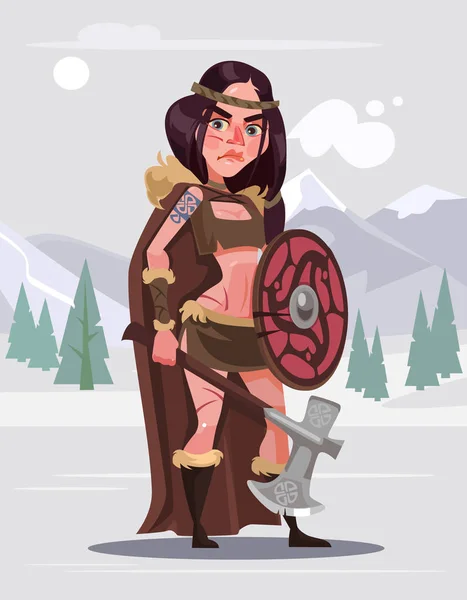 Wanita Viking prajurit karakter dengan pedang dan perisai. Ilustrasi kartun datar vektor - Stok Vektor