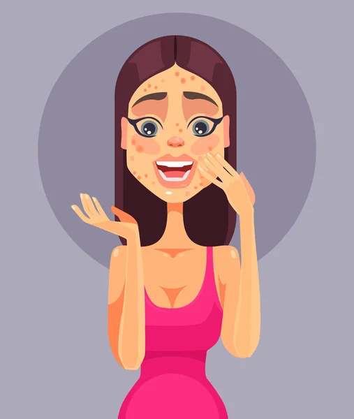 Triste personaje de las mujeres de choque tienen acné piel problema. Vector plano ilustración de dibujos animados — Vector de stock