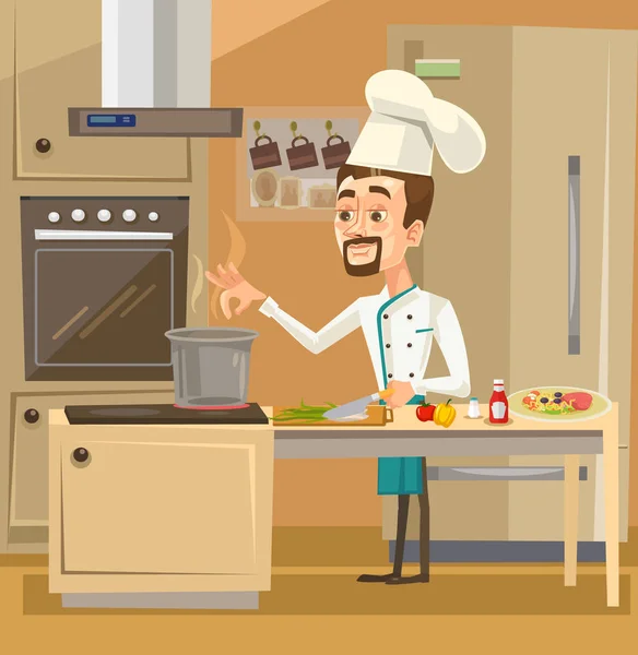 Personagem Chef sorridente feliz na cozinha preparando refeições. Ilustração de desenho animado plano vetorial —  Vetores de Stock