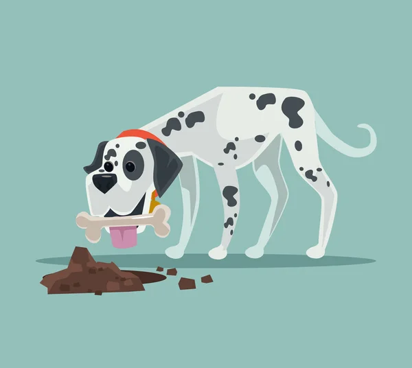 Lindo personaje perro dálmata feliz esconde comida de juguete de hueso. Vector plano ilustración de dibujos animados — Archivo Imágenes Vectoriales