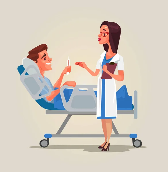Doutor personagem mulher se comunica com o paciente na enfermaria. Ilustração de desenho animado plano vetorial —  Vetores de Stock