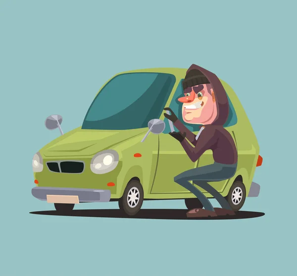 Hombre ladrón roba y rompe la puerta del coche. Vector plano ilustración de dibujos animados — Archivo Imágenes Vectoriales