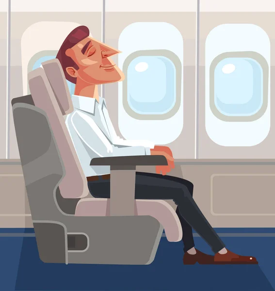 Passasjermannsfigur som sitter i stolen og slapper av på førsteklasse. Illustrasjon av vektorflate tegnefilmer – stockvektor
