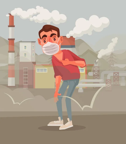 Man in beschermend masker. Vervuilde lucht. Vectorillustratie platte cartoon — Stockvector