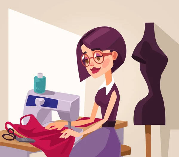 Lachende vrouw ontwerper karakter naait kleding. Vectorillustratie platte cartoon — Stockvector